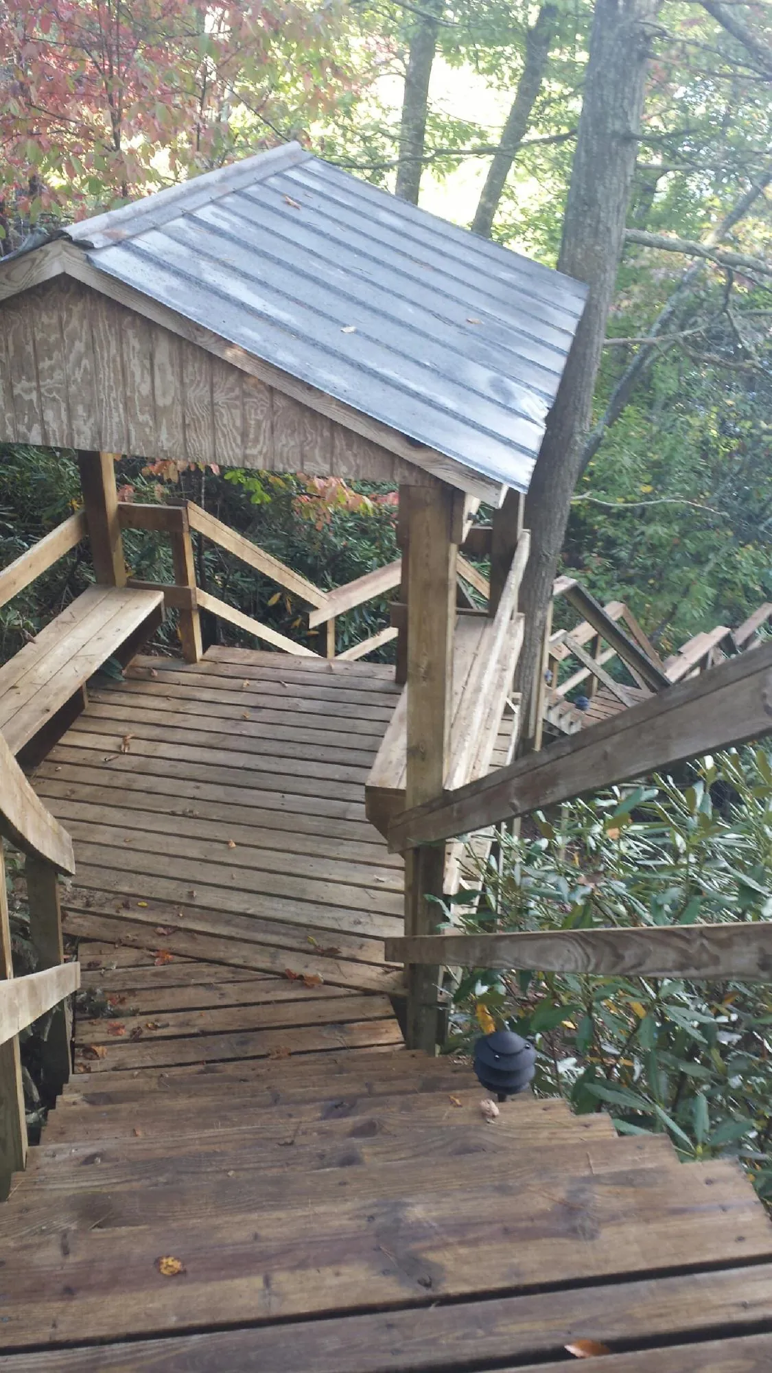 Metal roofed shelter over wooden steps on a wooded walkway — Skylight Repair & Installation work by our crew in Mount Union